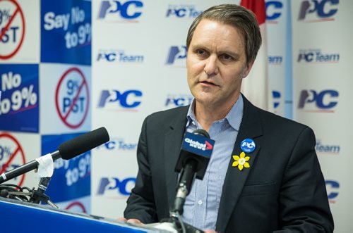 MIKE DEAL / WINNIPEG FREE PRESS Cameron Friesen, PC candidate for Morden-Winkler accuses the NDP of planning to increase the PST another percentage point in order to pay for campaign promises during a media call at the PC headquarters Sunday. 160417 - Sunday, April 17, 2016