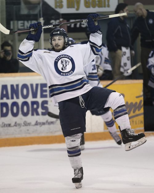 JOHN WOODS / WINNIPEG FREE PRESS Steinbach Pistons' Connor Martin (23) celebrates a win over the Portage Terriers in the MJHL finals in Steinbach Sunday, April 17, 2016.