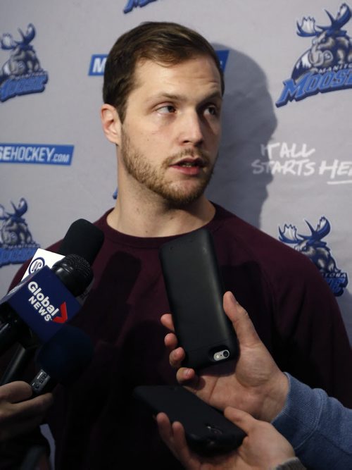 WAYNE GLOWACKI / WINNIPEG FREE PRESS    Manitoba Moose player John Albert speaks to media in the MTS Iceplex. With the season now over, players were cleaning out their lockers and meeting with coaches Monday. Tim Campbell story.  April 18  2016