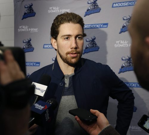 WAYNE GLOWACKI / WINNIPEG FREE PRESS    Manitoba Moose player Andrew MacWilliam speaks to media in the MTS Iceplex. With the season now over, players were cleaning out their lockers and meeting with coaches Monday. Tim Campbell story.  April 18  2016