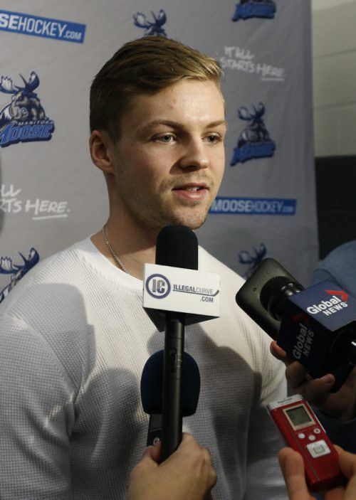 WAYNE GLOWACKI / WINNIPEG FREE PRESS    Manitoba Moose player Josh Morrissey speaks to media in the MTS Iceplex. With the season now over, players were cleaning out their lockers and meeting with coaches Monday. Tim Campbell story.  April 18  2016