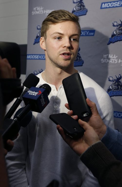 WAYNE GLOWACKI / WINNIPEG FREE PRESS    Manitoba Moose player Josh Morrissey speaks to media in the MTS Iceplex. With the season now over, players were cleaning out their lockers and meeting with coaches Monday. Tim Campbell story.  April 18  2016