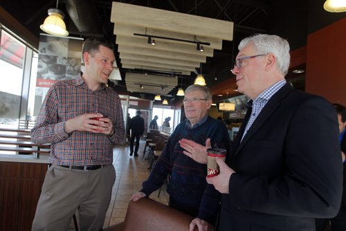 BORIS MINKEVICH / WINNIPEG FREE PRESS NDP candidate Jody Gillis, Harry Schellenberg, and Premier Greg Selinger talk over a tea at Tims on Headmaster and Lagimodière. April 18, 2016