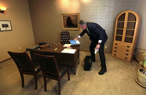 PHIL HOSSACK / WINNIPEG FREE PRESS One the eve of Manitoba's Provincial election after running the section roads around his family homestead near Edwin Mb. Brian Pallister gathers his notes to prepare a speech to deliver after the results arrive Election night.   April 18, 2016 - APRIL 15, 2016