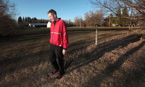 PHIL HOSSACK / WINNIPEG FREE PRESS One the eve of Manitoba's Provincial election Brian Pallister hikes around his family homestead near Edwin Mb SW of Portage la Prairie. It's been a personal tradition for him to visit the farm run the section to prepare for election day. April 18, 2016 - APRIL 15, 2016