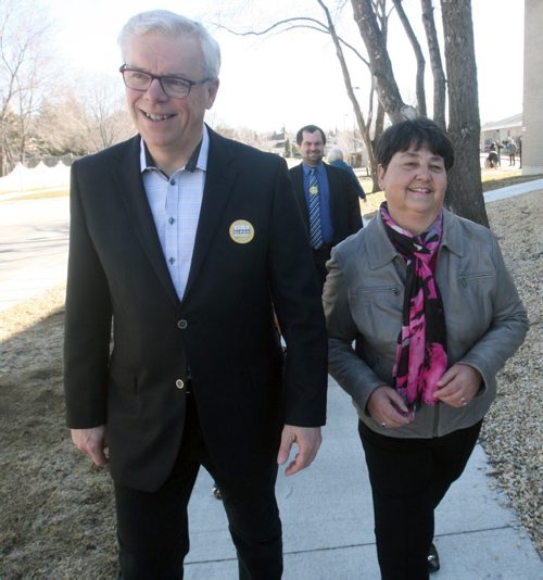 JOE BRYKSA / WINNIPEG FREE PRESS  NDP leader Greg Selinger with his wife Claudette Toupin outside Ecole Tache School Tuesday in  Winnipeg after he voted , Apr 19 , 2016.(Standup Photo)