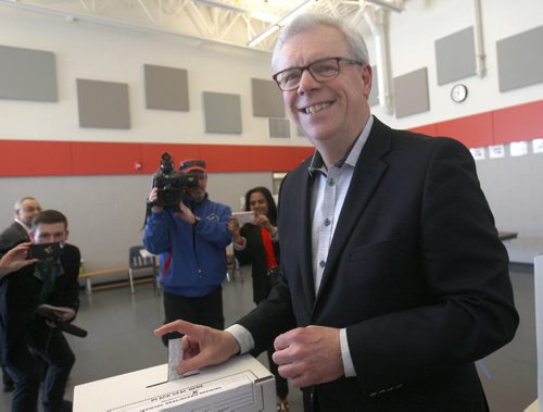 JOE BRYKSA / WINNIPEG FREE PRESS  NDP leader Greg Selinger votes Tuesday morning in hishome riding in St Boniface at Ecole Tache School in  Winnipeg, Apr 19 , 2016.(Standup Photo)