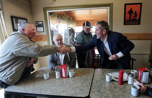 PHIL HOSSACK / WINNIPEG FREE PRESS Manitoba Conservative leader Brian  Pallister spent election morning on friendly turf in Portage La Pririe having breakfast with friends and fellow businessmen at the local golf course restraunt. April 18, 2016 - APRIL 19, 2016