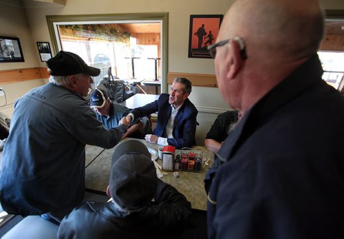 PHIL HOSSACK / WINNIPEG FREE PRESS Manitoba Conservative leader Brian  Pallister spent election morning on friendly turf in Portage La Pririe having breakfast with friends and fellow businessmen at the local golf course restraunt. April 18, 2016 - APRIL 19, 2016