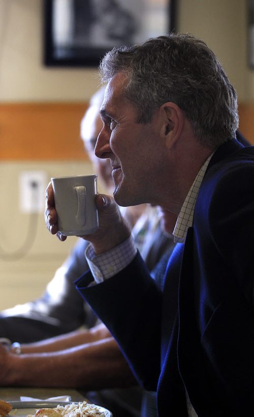 PHIL HOSSACK / WINNIPEG FREE PRESS Manitoba Conservative leader Brian  Pallister spent election morning on friendly turf in Portage La Pririe having breakfast with friends and fellow businessmen at the local golf course restraunt. April 18, 2016 - APRIL 19, 2016