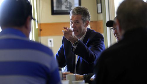 PHIL HOSSACK / WINNIPEG FREE PRESS Manitoba Conservative leader Brian  Pallister spent election morning on friendly turf in Portage La Pririe having breakfast with friends and fellow businessmen at the local golf course restraunt. April 18, 2016 - APRIL 19, 2016