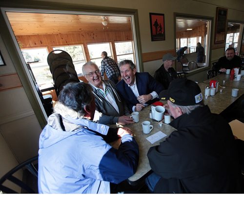 PHIL HOSSACK / WINNIPEG FREE PRESS Manitoba Conservative leader Brian  Pallister spent election morning on friendly turf in Portage La Pririe having breakfast with friends and fellow businessmen at the local golf course restraunt. April 18, 2016 - APRIL 19, 2016