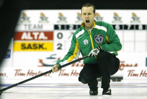 John Woods / Winnipeg Free Press / March 14/08- 080314  -  Saskatchewan's Pat Simmons calls the shots in a playoff game against Alberta's Kevin Martin at the 2008 Tim Hortons Brier in Winnipeg Friday March 14, 2008.