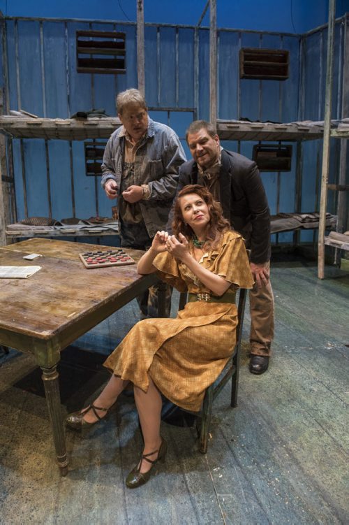 DAVID LIPNOWSKI / WINNIPEG FREE PRESS   Gregory Dahl (playing George in dark shirt), Nikki Einfeld  (playing Curley's Wife) and Michael Robert Hendrick (playing Lennie in light shirt) during a 'Of Mice and Men' photo preview at the Centennial Concert Hall Tuesday April 19, 2016.