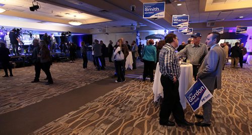PHIL HOSSACK / WINNIPEG FREE PRESS Tory faithfull wait patiently for the vote to be tallied Tuesday at PC Headquarters for the evening. About 100 people, no candidates are hoping to hear Brian Pallister announce a big win later tonight. - APRIL 19, 2016
