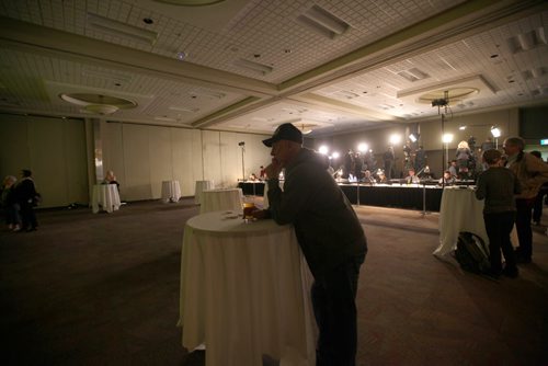 RUTH BONNEVILLE / WINNIPEG FREE PRESS

 A NDP supporter enjoys a beverage as he watches the beginning of the provincial election coverage at the Convention Centre Tuesday evening.  APRIL 19, 2016