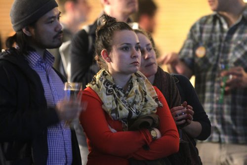 RUTH BONNEVILLE / WINNIPEG FREE PRESS

 A NDP supporters watch the provincial election coverage at the Convention Centre Tuesday evening.  APRIL 19, 2016