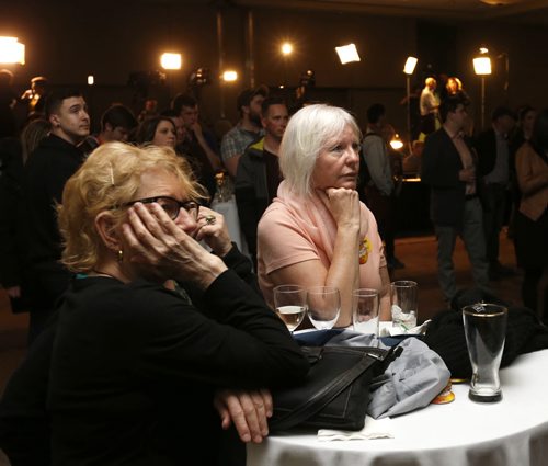 WAYNE GLOWACKI / WINNIPEG FREE PRESS    NDP supporters watch the 2016 election results come in at the NDP 2016 post election gathering Tuesday at the RBC Convention Centre Winnipeg. Kristin Annable  story  April 19  2016