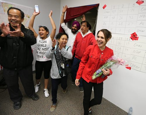 JASON HALSTEAD / WINNIPEG FREE PRESS  Liberal candidate for Burrows, Cindy Lamoureux, with supporters at her constituency headquarters on McPhillips Street after winning her seat on provincial election night on April 19, 2016.