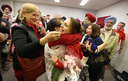 JASON HALSTEAD / WINNIPEG FREE PRESS  Liberal candidate for Burrows, Cindy Lamoureux, celebrates with supporters at her constituency headquarters on McPhillips Street after winning her seat on provincial election night on April 19, 2016.
