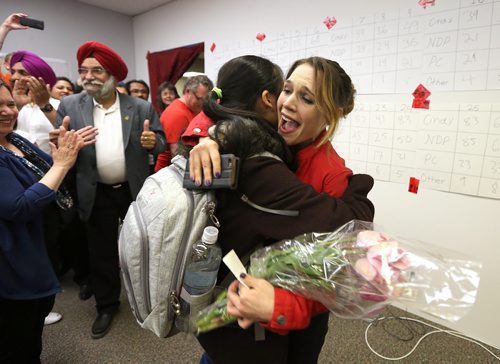 JASON HALSTEAD / WINNIPEG FREE PRESS  Liberal candidate for Burrows, Cindy Lamoureux, gets a hug from a supporter at her constituency headquarters on McPhillips Street after winning her seat on provincial election night on April 19, 2016.