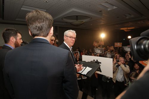 RUTH BONNEVILLE  / WINNIPEG FREE PRESS

NDP leader Greg Selinger makes his way to the stage after losing the at the NDP headquarters at the Convention Centre Tuesday evening   APRIL 19, 2016