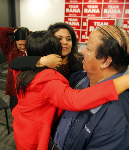 BORIS MINKEVICH / WINNIPEG FREE PRESS Liberal headquarters at the Alt Hotel on Donald. Liberal Leader Rana Bokhari does a quick scrum and then hugs her followers and fellow candidates. April 19, 2016