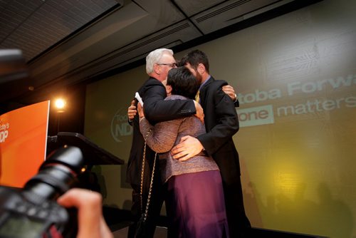 RUTH BONNEVILLE / WINNIPEG FREE PRESS

 NDP leader Greg Selinger hugs his family after his speech at the NDP headquarters at the Convention Centre Tuesday evening   APRIL 19, 2016