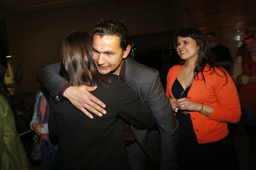 WAYNE GLOWACKI / WINNIPEG FREE PRESS    NDP Fort Rouge candidate Wab Kinew arrives with his wife Lisa Monkman,right, at the NDP 2016 post election gathering held Tuesday at the RBC Convention Centre Winnipeg. Kristin Annable  story  April 19  2016