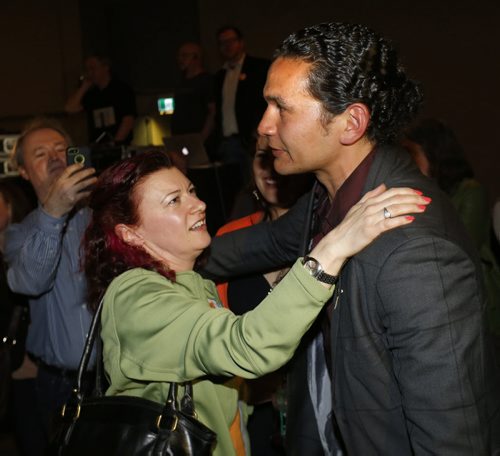 WAYNE GLOWACKI / WINNIPEG FREE PRESS    Defeated NDP Kirkfield candidate Sharon Blady congratulates Fort Rouge candidate Wab Kinew at the NDP 2016 post election gathering held Tuesday at the RBC Convention Centre Winnipeg. Kristin Annable  story  April 19  2016