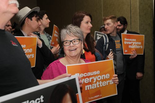 RUTH BONNEVILLE / WINNIPEG FREE PRESS

 Supporters for NDP leader Greg Selinger rally together in support for him while waiting for him to arrive at the NDP headquarters at the Convention Centre Tuesday evening   APRIL 19, 2016