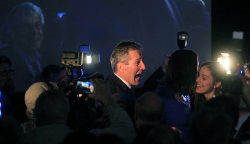 PHIL HOSSACK / WINNIPEG FREE PRESS Brian Pallister and his wife Esther make their way to the stage at PC headquarters Tuesday as the Premier Elect. See story. April 19, 2016