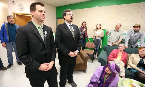 JASON HALSTEAD / WINNIPEG FREE PRESS  Green party candidate for Wolseley, David Nickarz (right), and Green party leader James Beddome speak to media briefly at Wolseley constituency headquarters on Portage Avenue on provincial election night on April 19, 2016. An official count will be held April 20 as the Wolseley race was too close to call.