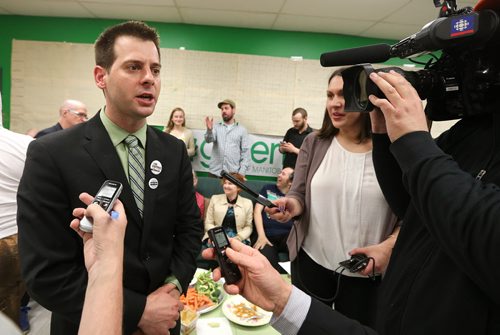 JASON HALSTEAD / WINNIPEG FREE PRESS  Green party leader James Beddome speaks to media at the constituency headquarters of Wolseley Green candidate David Nickarz on Portage Avenue on provincial election night on April 19, 2016. An official count will be held April 20 as the Wolseley race was too close to call.