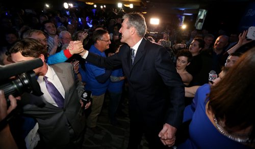TREVOR HAGAN / WINNIPEG FREE PRESS Progressive Conservative leader, and Premier designate Brian Pallister, his wife Esther arrive to the party at CanadInns Polo Park, Tuesday, April 19, 2016.