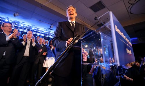 TREVOR HAGAN / WINNIPEG FREE PRESS Progressive Conservative leader, and Premier designate Brian Pallister, speaking at his party at CanadInns Polo Park, Tuesday, April 19, 2016.