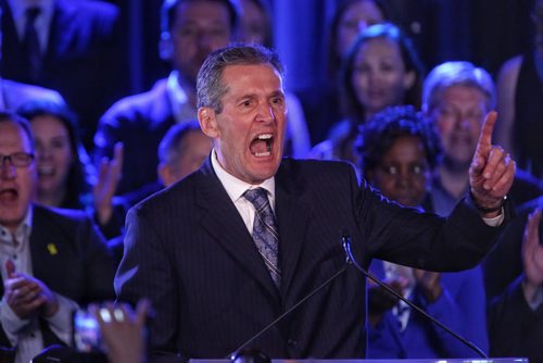 MIKE DEAL / WINNIPEG FREE PRESS  Premier elect Brian Pallister speaks to the PC Party faithful during his acceptance speech at Canad Inns Polo Park Tuesday night after his party won a majority of seats in the Manitoba Legislature.   160419 Tuesday, April 19, 2016