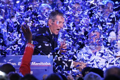 MIKE DEAL / WINNIPEG FREE PRESS  Premier elect Brian Pallister speaks to the PC Party faithful during his acceptance speech at Canad Inns Polo Park Tuesday night after his party won a majority of seats in the Manitoba Legislature.   160419 Tuesday, April 19, 2016
mbpoli2016deal