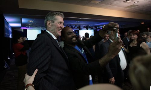 PHIL HOSSACK / WINNIPEG FREE PRESS Premier elect now, Brian Pallister makes the rounds of media interviews post PC "party" and fans wanting "selfies".  See story. April 19, 2016