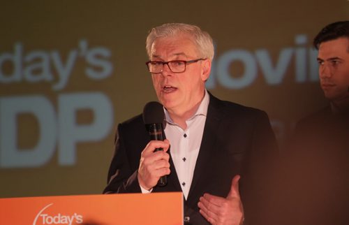 RUTH BONNEVILLE  / WINNIPEG FREE PRESS
NDP leader Greg Selinger talks to his supporters on stage at the NDP headquarters at the Convention Centre Tuesday evening   APRIL 19, 2016