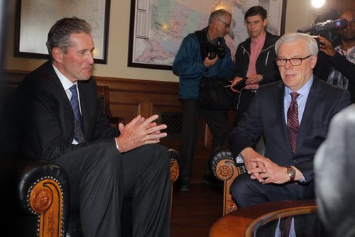 BORIS MINKEVICH / WINNIPEG FREE PRESS Brian Pallister and Greg Selinger meet in the Premiers office. April 20, 2016