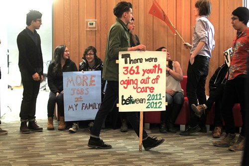 PHIL HOSSACK / WINNIPEG FREE PRESS Protestors wait in vain at a planned Pallister Press Conference. Pallister didn't show for the event.  April 20, 2016