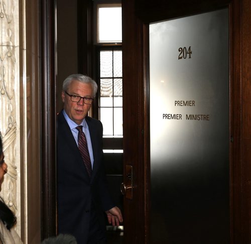 WAYNE GLOWACKI / WINNIPEG FREE PRESS   NDP Leader Greg Selinger meets media outside his office Wednesday  after 2016 provincial election Tuesday night.   Kristin Annable  story   April 20  2016