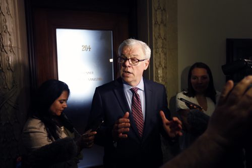 WAYNE GLOWACKI / WINNIPEG FREE PRESS   NDP Leader Greg Selinger speaks to media outside his office Wednesday  after 2016 provincial election Tuesday night.   Kristin Annable  story   April 20  2016