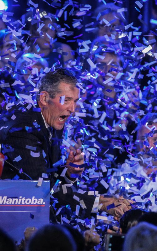 MIKE DEAL / WINNIPEG FREE PRESS   Premier elect Brian Pallister speaks to the PC Party faithful during his acceptance speech at Canad Inns Polo Park Tuesday night after his party won a majority of seats in the Manitoba Legislature.     160419 Tuesday, April 19, 2016