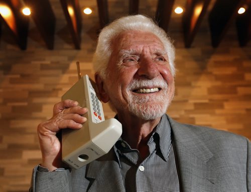 WAYNE GLOWACKI / WINNIPEG FREE PRESS   Martin Cooper, the inventor of the cell phone, he is in Winnipeg to speak to the Information and Communications Technology Association of Manitoba. He is posing with a replica of the first cell phone, the original weighed about a kilogram. Martin Cash story  April 21  2016