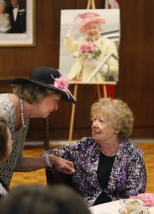 WAYNE GLOWACKI / WINNIPEG FREE PRESS   At left, Janice Filmon, Lieutenant-Governor of Manitoba speaks to Helen DePaiva who turns 90 this year, the Lieutenant-Governor hosted two teas in Government House Thursday in honour of Queen Elizabeth IIs 90th birthday. Manitobans born in 1926 were invited to the event that included singing Happy Birthday to the Queen. Britain's oldest and longest-serving monarch is celebrating the big day at Buckingham Palace.     Erin DeBooy story April 21  2016
