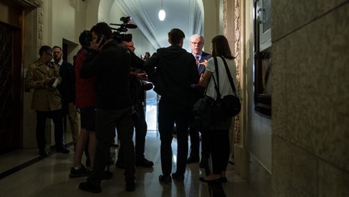 MIKE DEAL / WINNIPEG FREE PRESS Greg Selinger answers questions about the transition of government and his party's leadership the day after the NDP lost the Manitoba Election to the PCs. 160420 - Wednesday, April 20, 2016