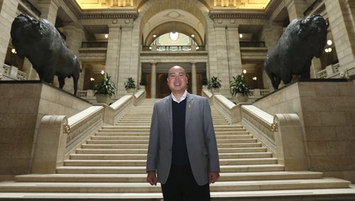 WAYNE GLOWACKI / WINNIPEG FREE PRESS      Saturday Special. PC  MLA-elect Jon Reyes (St. Norbert) at the Legislative Building.  Larry Kusch / story April 22  2016