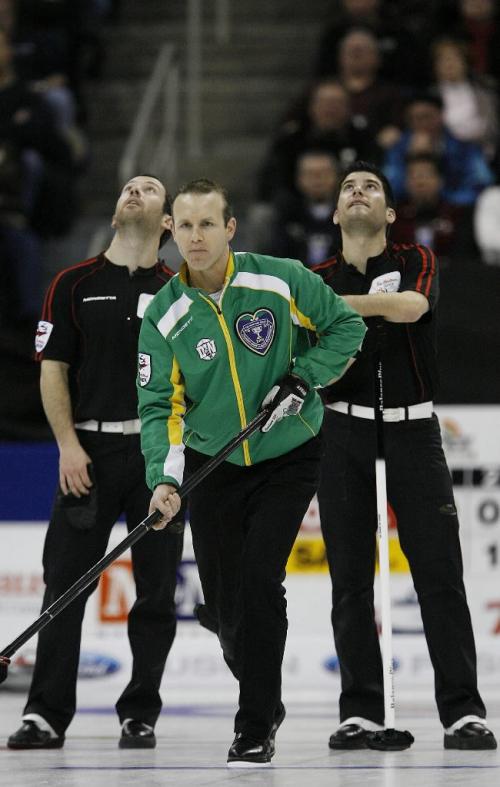 John Woods / Winnipeg Free Press / March 15/08- 080315  -  Saskatchewan's Pat Simmons watches his shot as Ontario's Brent Laing and Craig Saville watch it on the jumbotron . Ontario's Glenn Howard defeated Saskatchewan's Pat Simmons 8-7 in a semi final game at the 2008 Tim Hortons Brier in Winnipeg Saturday March 15, 2008.